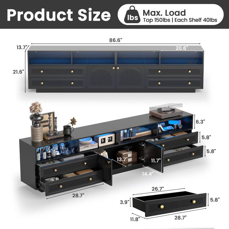 Meyreso 86.6" Modern LED Lighted TV Stand with 4 Open Shelves and Storage Cabinets