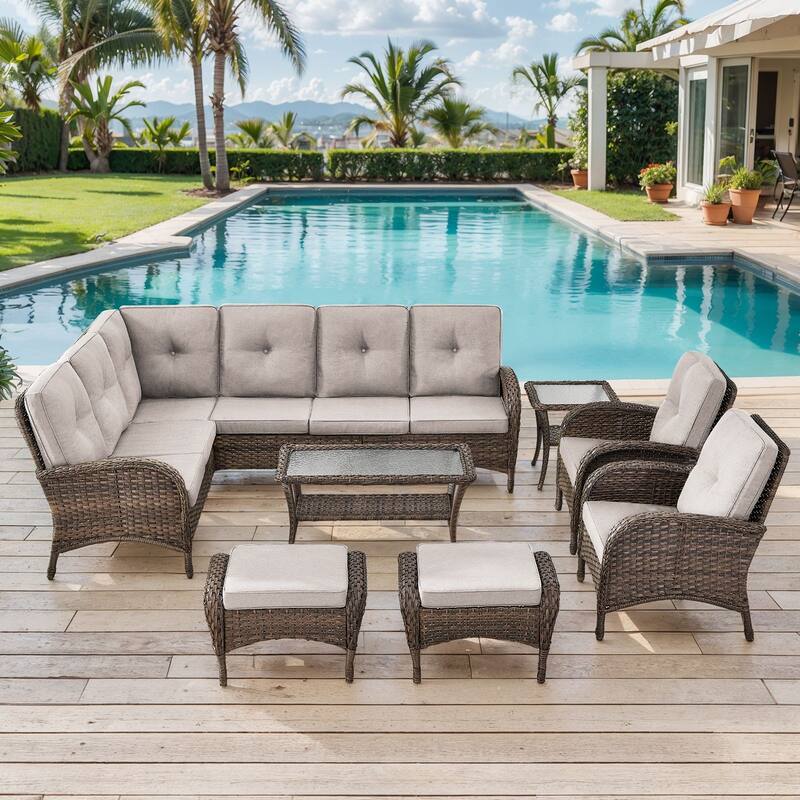 Outdoor Sectional Sofa with Cushion Funiture Set - Brwon Wicker Beige Cushion - 8PCS Sectional Sofa w/ Patio Chair Ottoman