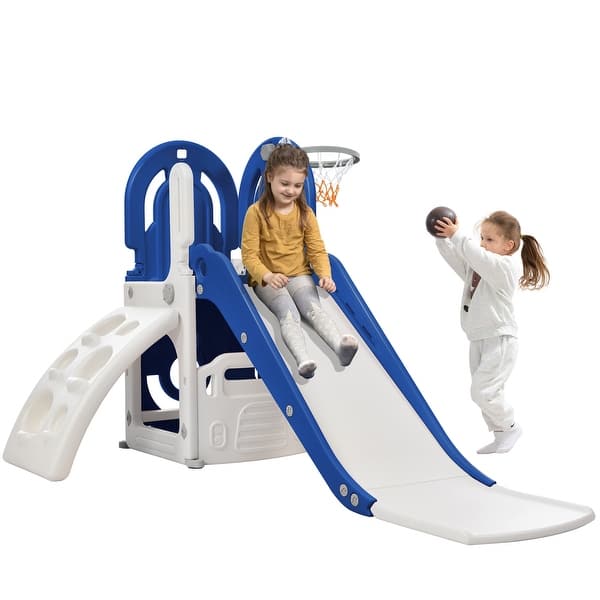 slide 2 of 41, 4-in-1 Kids Slide with Climber, Basketball Hoop and Storage Space, Freestanding Outdoor Indoor Slide Playset