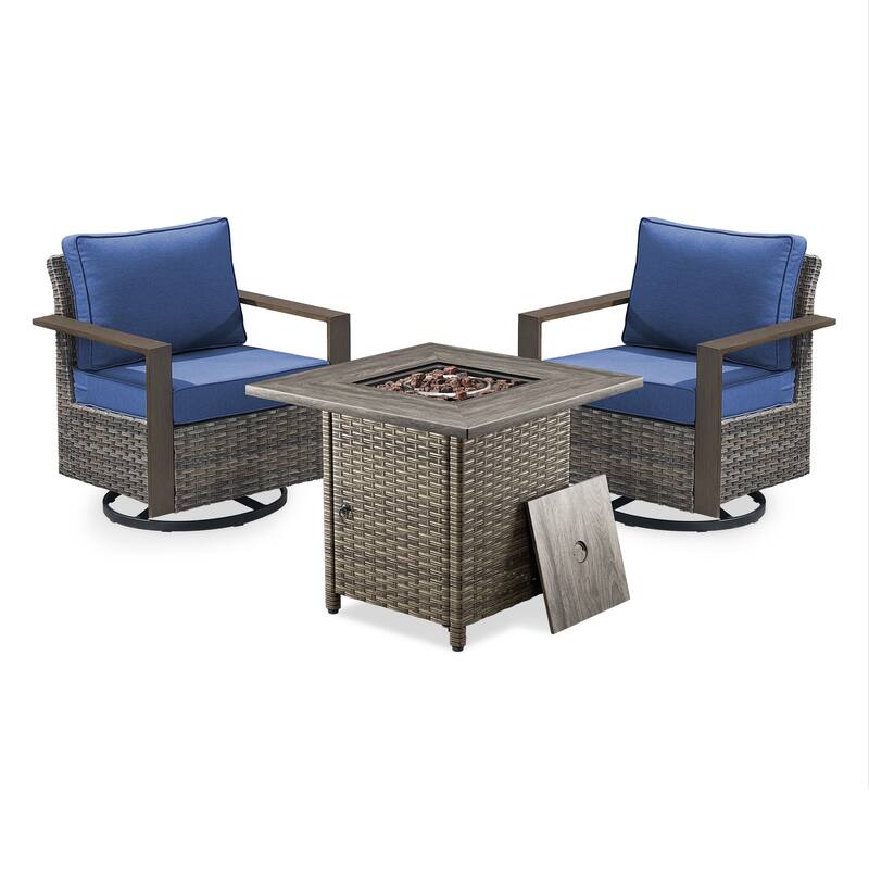 Meyreso 3-Piece Wicker Swivel Glider Fire Pit Set with Plush 4.5" Olefin Cushions