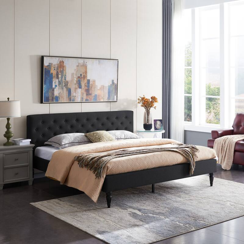 Button Tufted Wingback Headboard, King Size Upholstered Platform Bed Low Profile Bed with Turned Legs and Center Support Legs