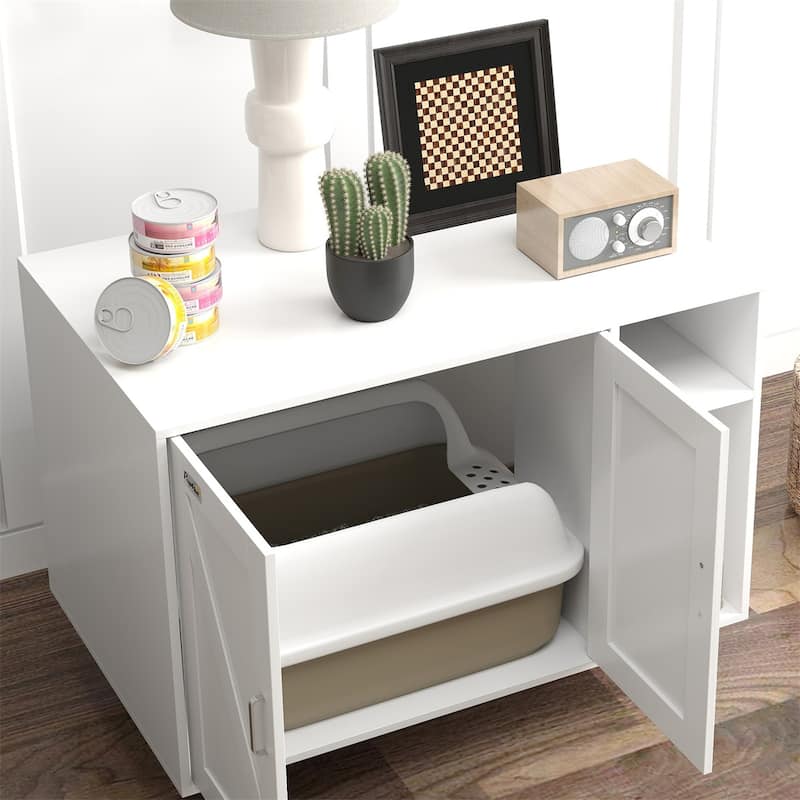 White Cat Litter Box Enclosure with Storage Scratching Mat and Cozy Hidden Cat Condo