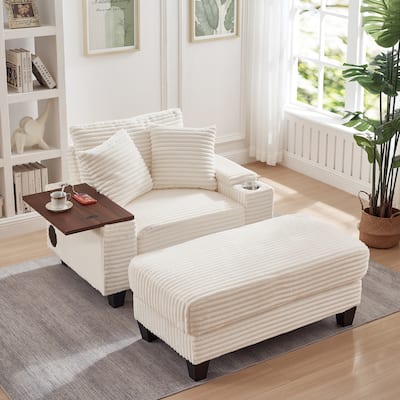 Versatile Chaise Lounge Single Sofa Chair with Ottoman, Swivel Table, Storage Armrest, Cup Holder, Bluetooth Speaker and USB
