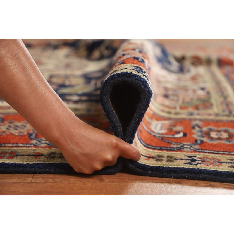 Hand Knotted Oriental 100% Wool Carpet Traditional Medallion Navy Blue & Blues Heriz (serapi) Area Rug - 10' 0'' X 7' 11''