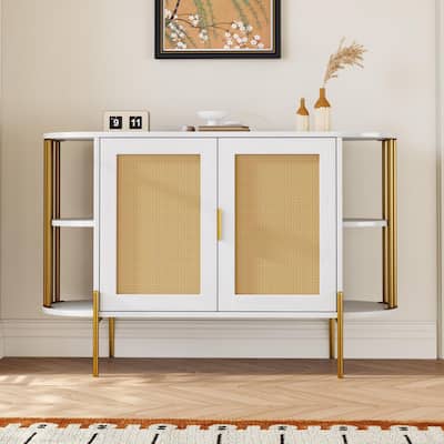 2-Door Elegant Curved Cabinet with Gold Trim and Woven Rattan Doors Buffet/Sideboard