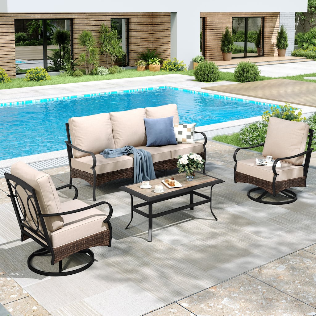 MAISON ARTS 4-Piece Rattan Wicker Patio Furniture Set with Swivel Chairs and Coffee Table for Outdoor Spaces