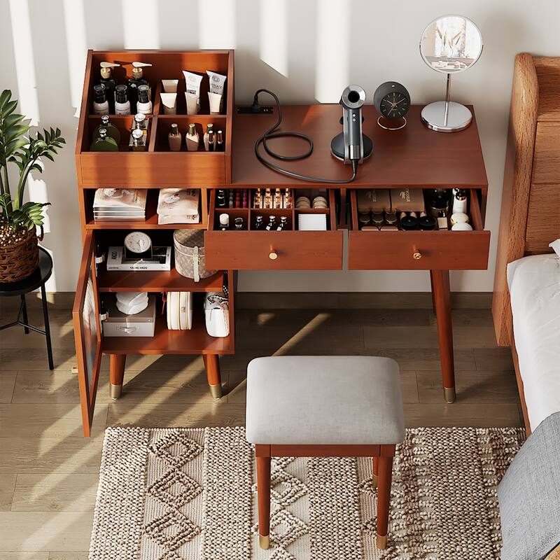 2-Piece Bedroom Set Includes Dressing Table & Upholstered Stool, Makeup Vanity Desk with Charging Station, Drawers & Cabinet