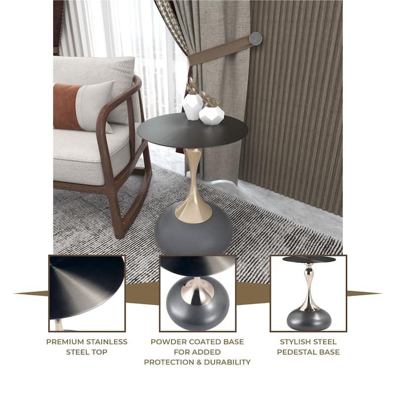 Savoy Round Side Table Stainless-Steel Black Top and Pedestal Base for Home Office Living Room