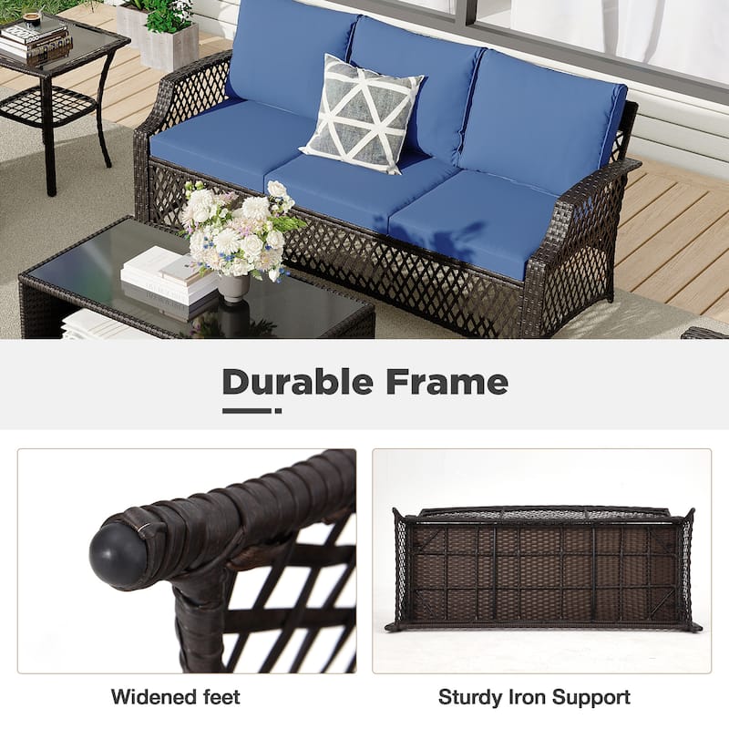 Outdoor Wicker Patio Set w Swivel Chairs & Sofa, Ottomans and Tables, Modular 3/5/6/7-Piece, All-Weather Conversation Set.