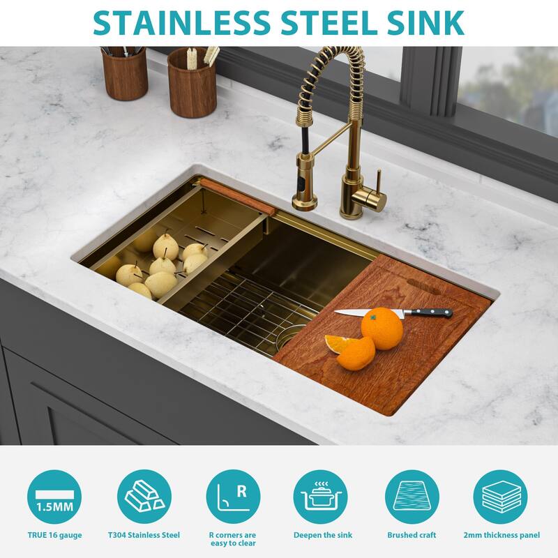 Undermount 16 Gauge Single Bowl Stainless Steel Kitchen Sink in Gold