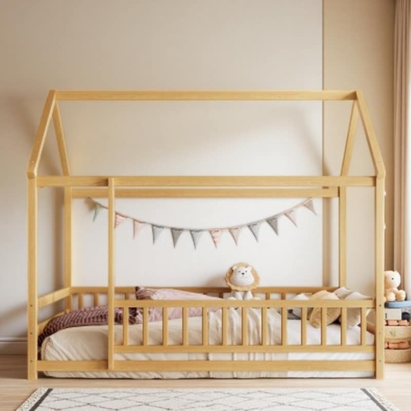 Twin Wooden House Floor Bed with Roof Canopy, Solid Frame, Safety Guardrails & Open Entry Design