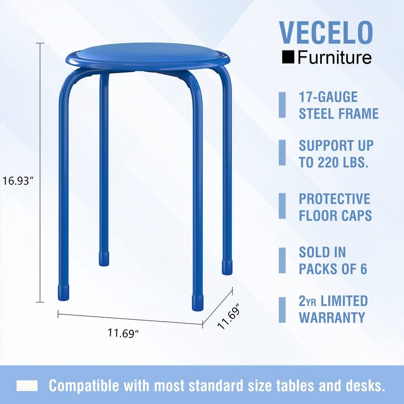 VECELO 6-Pack Stacking Stools for Living Room Backless Round Stools Set Indoor Outdoor Use with Metal Frame & Non-Slip Feet