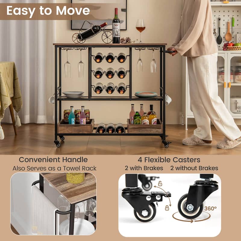 Costway 3 Tiers Bar Cart Home Serving Cart on Wheels with Glass Racks - See Details