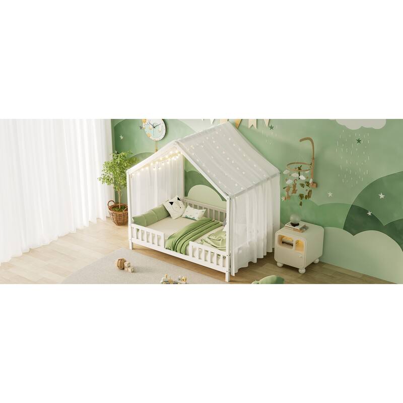 House-Shaped Full Bed Frame with Canopy and Railings for Kids, White