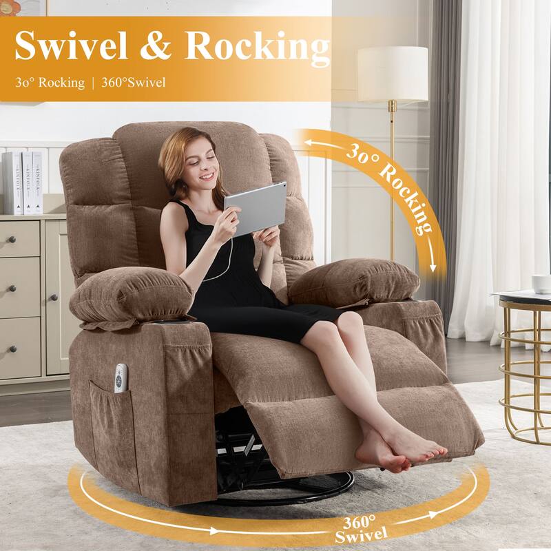 Oversized Massage Swivel Recliner with Heat USB Cup Holders for Adults