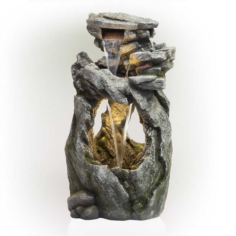 Alpine Corporation WIN1418 41" Outdoor Cascading Rainforest Rock Waterfall Fountain with LED Lights Natural Stone-Look