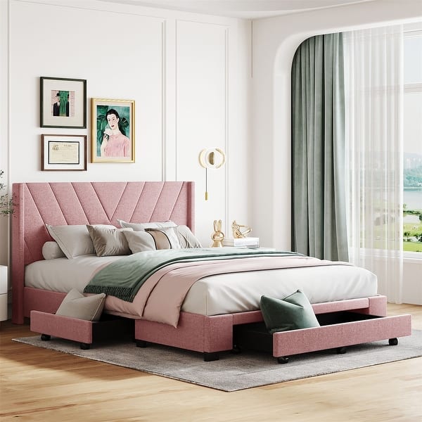slide 2 of 20, Merax Queen Size Linen Upholstered Platform Bed with 3 Drawers Pink