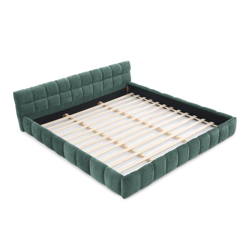 King Size Upholstered Bed Frame with Chenille Fabric, Sturdy Platform Bed Featuring Headboard and Solid Wood Frame