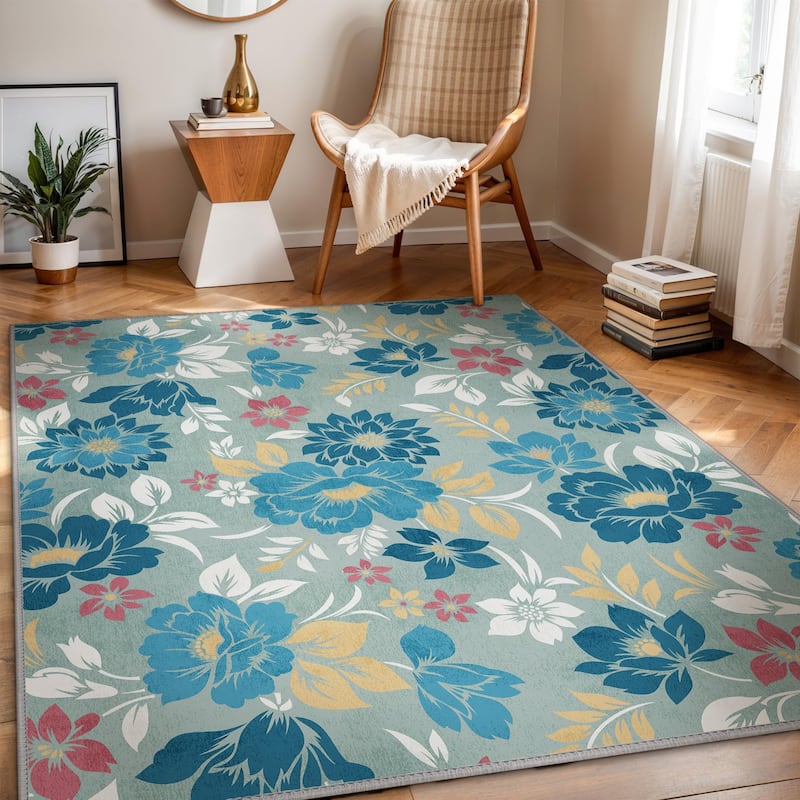Mcow Neutral Multi Classic Floral Low-Pile Washable Indoor/Outdoor Area Rug