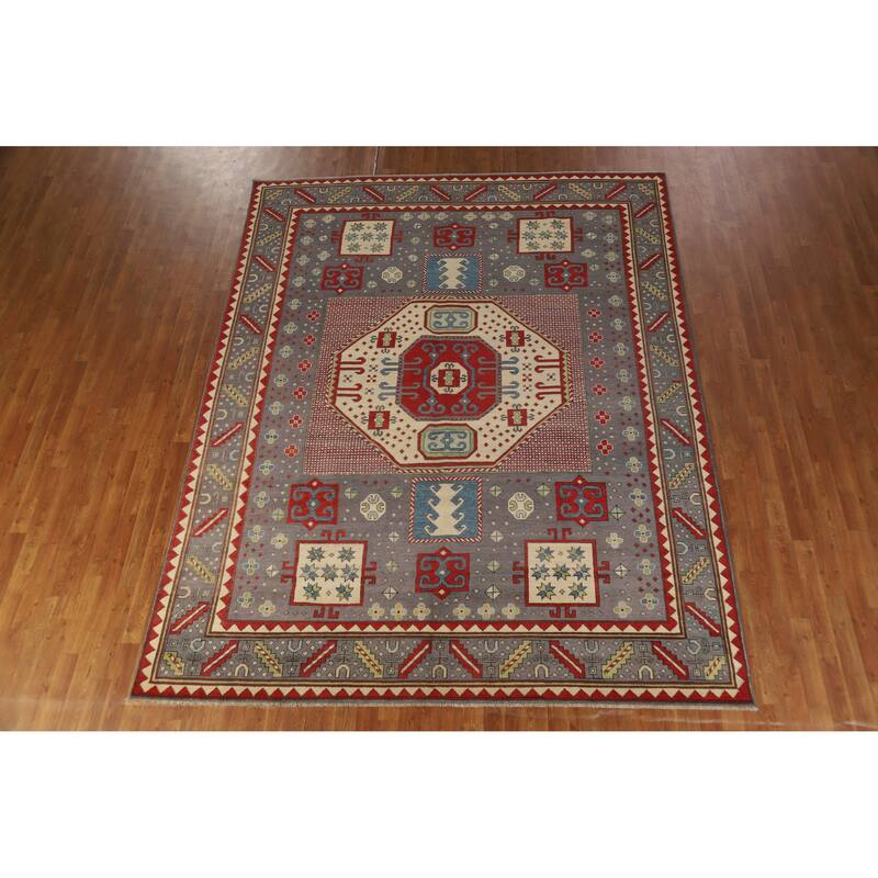 Hand Knotted Oriental 100% Wool Carpet Traditional Geometric Greys & Charcoal Kazak Area Rug - 10' 4'' X 8' 2''