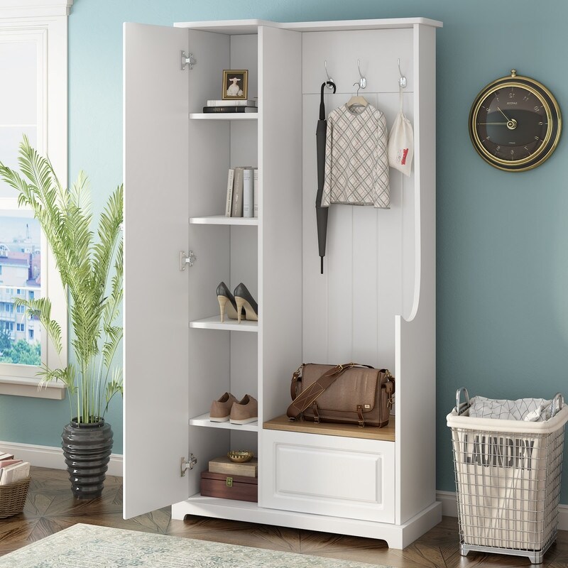 Hall Tree Coat Hanger with 3 Hooks and with Flip Up Bench Hallway Shoe Cabinet with Adjustable Shelves Coat Rack for Entrance