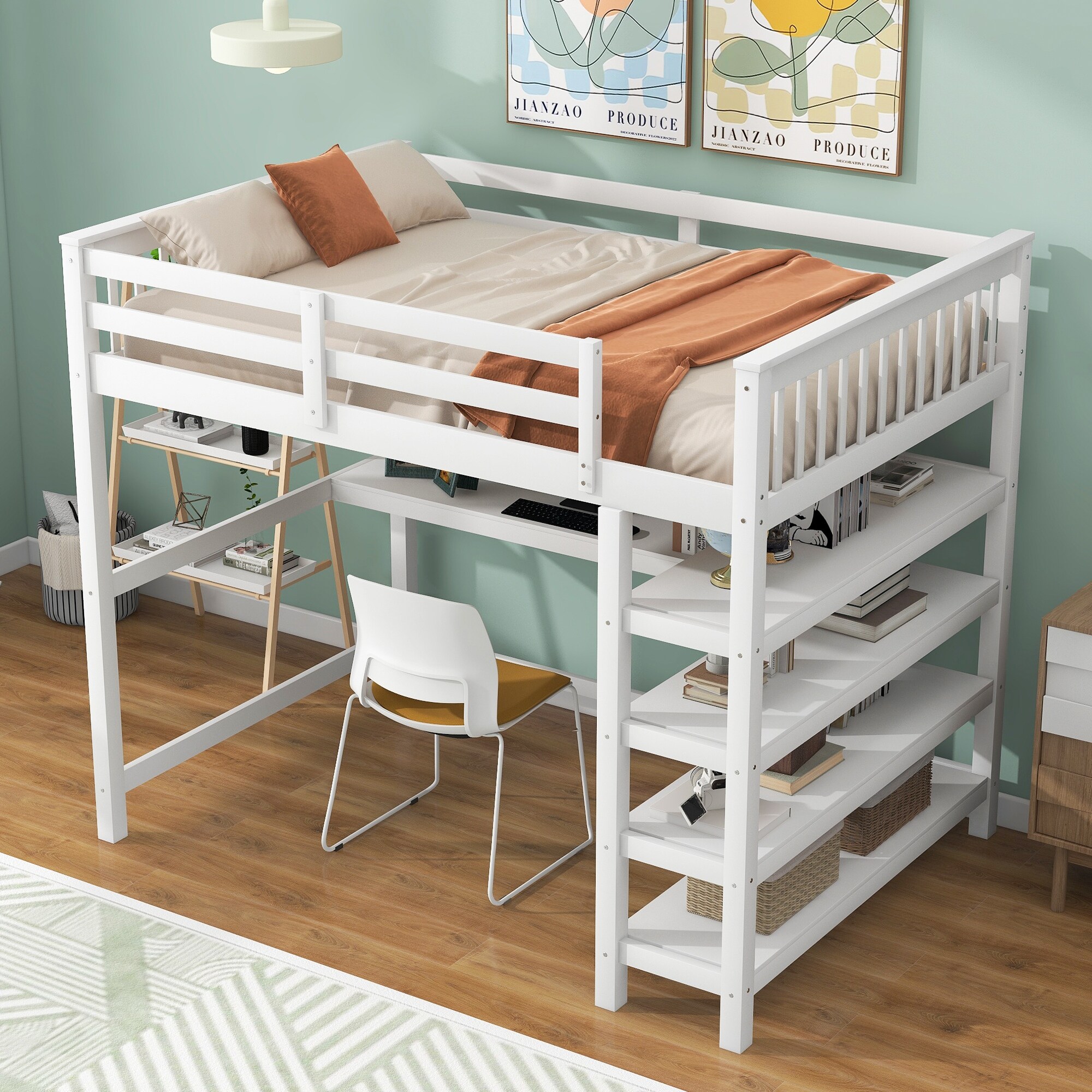 Full Size Loft Bed with Storage Shelves and Under Bed Desk Wooden Loft Bed Frame Full Length Guardrail Top Bunk for Kids Teens Gray