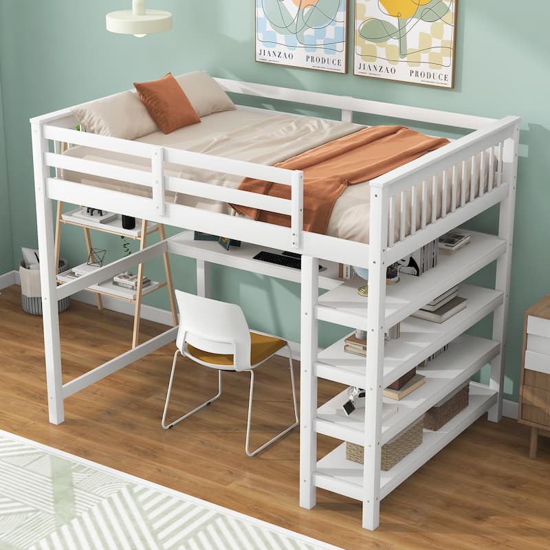 Solid Wood Loft Bed with Integrated Desk