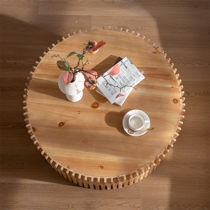 Retro Fashion Style Cylindrical Coffee Table w/Vertical Texture Relief