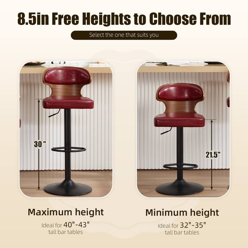 PU Leather Upholstered Curved Backrest 360° Swivel Adjustable Height Bar Stools with Footrest(set of 2)