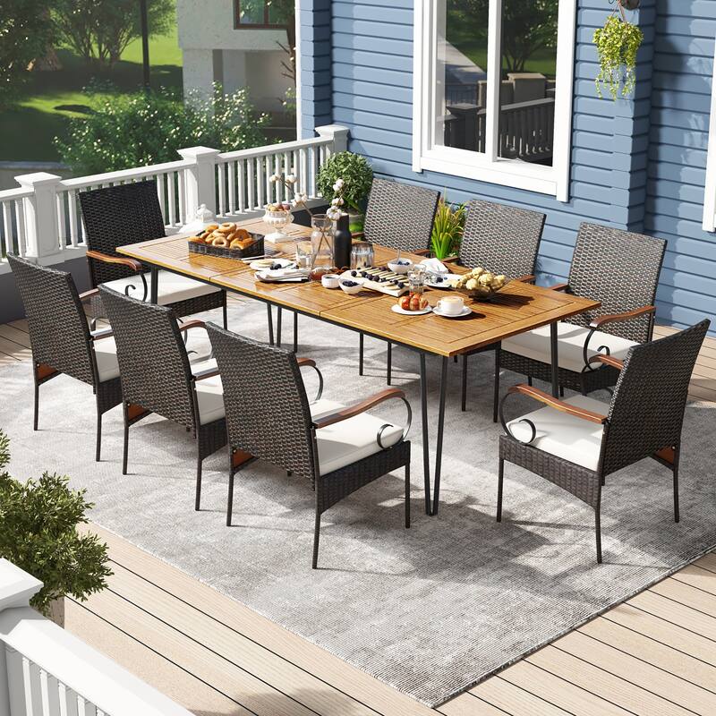 Gymax 9 PCS Outdoor Patio Dining Set Acacia Wood Square & Table