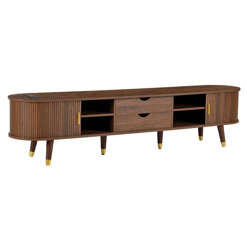 Wooden Oval Fluted TV Stand with Charging Station for TV up to 80", Mid-Century Media Console with Sliding Tambour Door