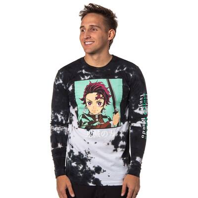 Demon Slayer Mens' Tanjiro Kamado Kanji Tie-Dye Long Sleeve Adult T-Shirt