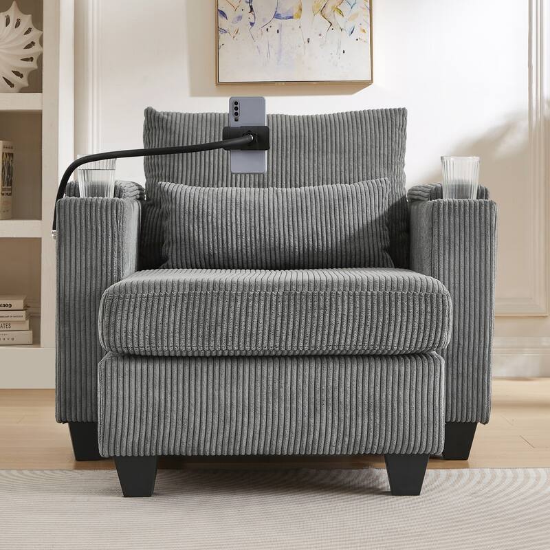 Sofa Chair Sofa Bed Corduroy Sleeper Sofa with USB Ports - Grey