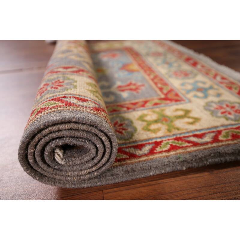 Geometric Gray Kazak Accent Rug Hand-Knotted Wool Carpet - 2'10" x 3'10"