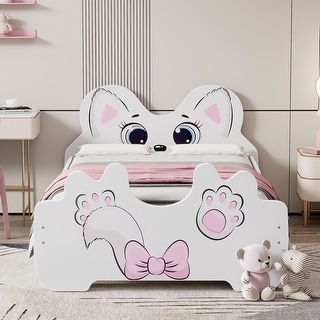 Cartoon Twin Bed with Trundle and Cute Headboard, White