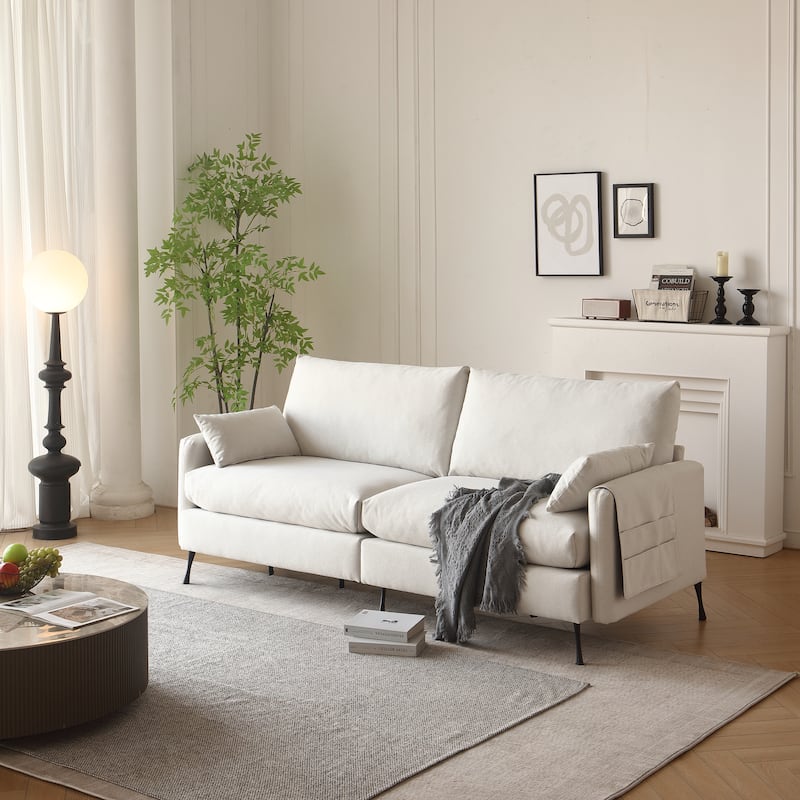 3-Seater Cloud Couch with Armrest and Toss Pillows, White Fabric, 81x32x33 inches