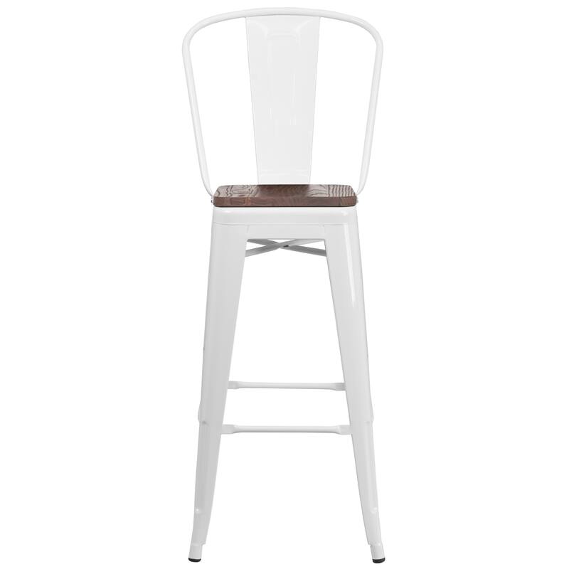 30" High Metal Barstool with Back and Wood Seat - 17.75"W x 20"D x 45.25"H