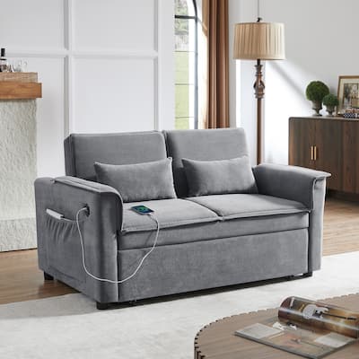 Fabric Convertible Sleeper Sofa Bed, Pull Out Sofa Bed with Adjustable Backrest, Leisure Sofa with 2 Lumbar Pillows