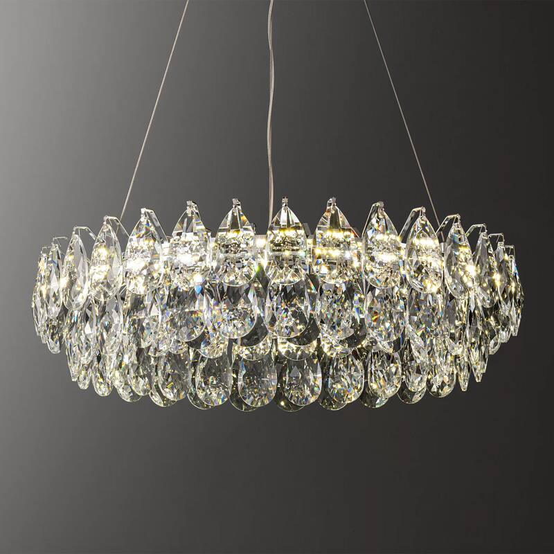 Modern Glam Chrome Round Crystal LED Chandelier for Dining Room - 23.6 in. W x 86.6 in. H