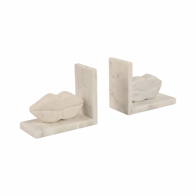 Modern Marble Lips on Base Decorative Bookends - Set of 2, 6", White - 6.0"