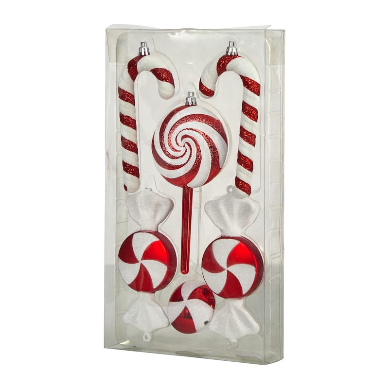 Set of 6 Red and White Assorted Candy Cane Christmas Deluxe Shatterproof 7"