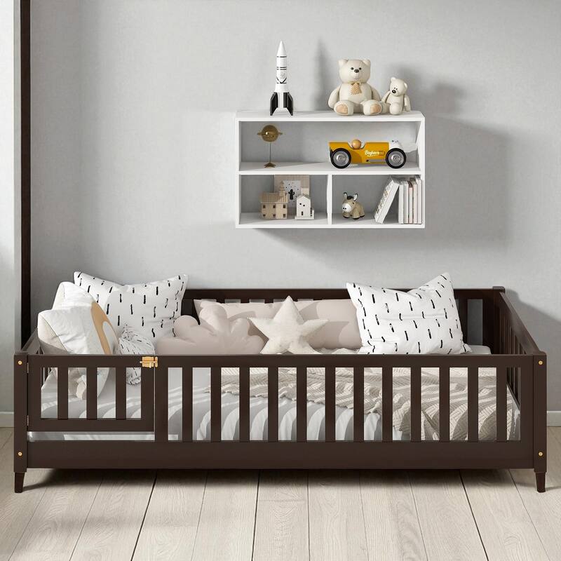 Twin Size Floor Bed with Fence and Door, Rubber Wood Frame with Safety Guardrails