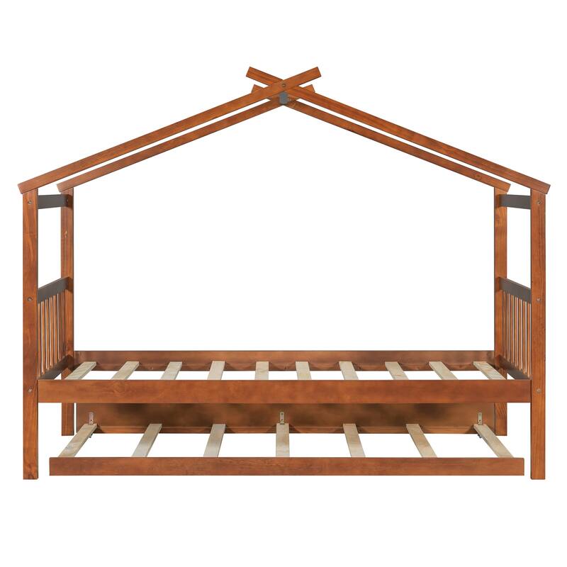 Twin Size Wooden House Bed with Trundle in Walnut Finish