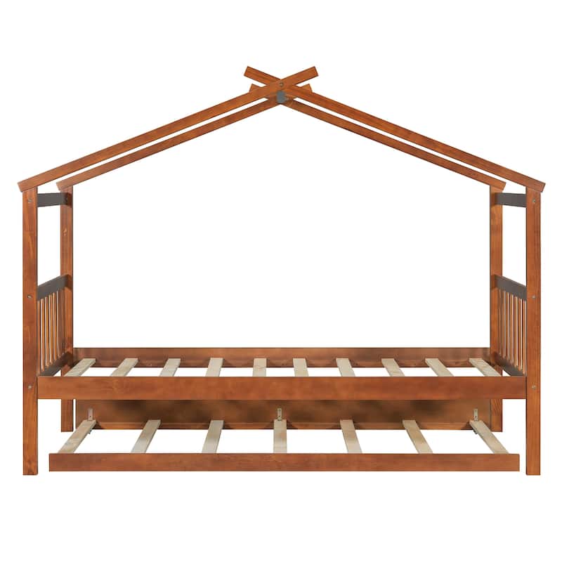 Twin Size Wooden House Bed with Twin Size Trundle, Walnut