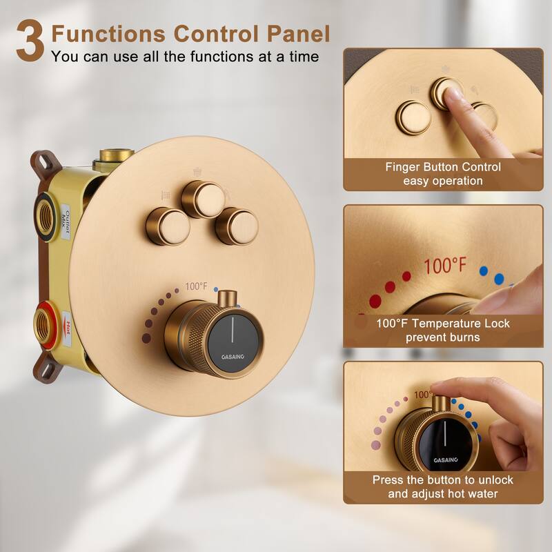 CASAINC 3-function Luxury Thermostatic Dual Shower Faucet Shower System with 6 Body Spray Jets