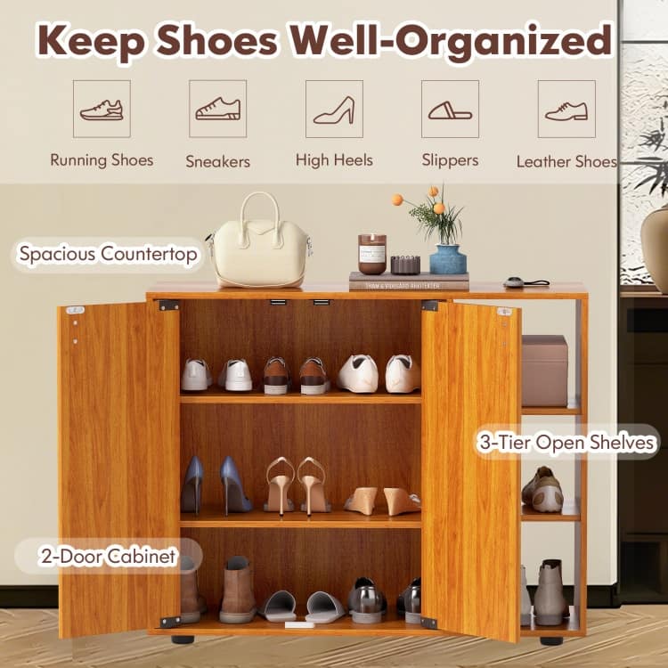 Shoe Storage Cabinet with Doors and Open Shelves Adjustable Wooden Entryway Organizer - 31.5" x 12" x 25.5"