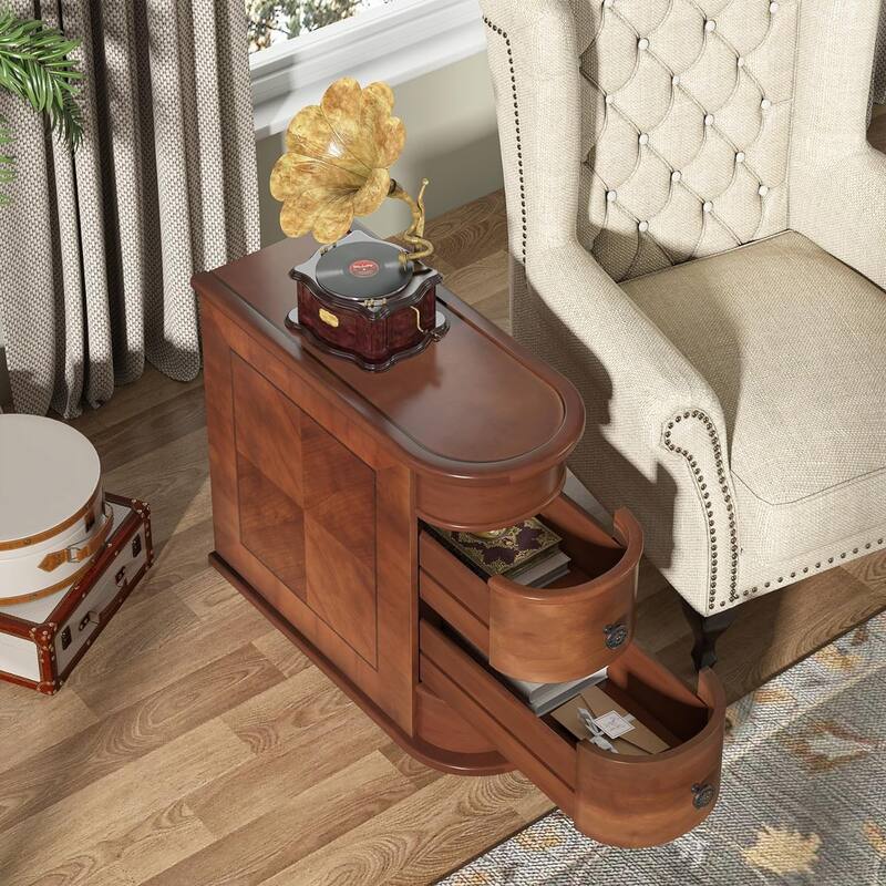 Solid Wood End Table, Two-Drawer Narrow Side Table, Fully Assembled