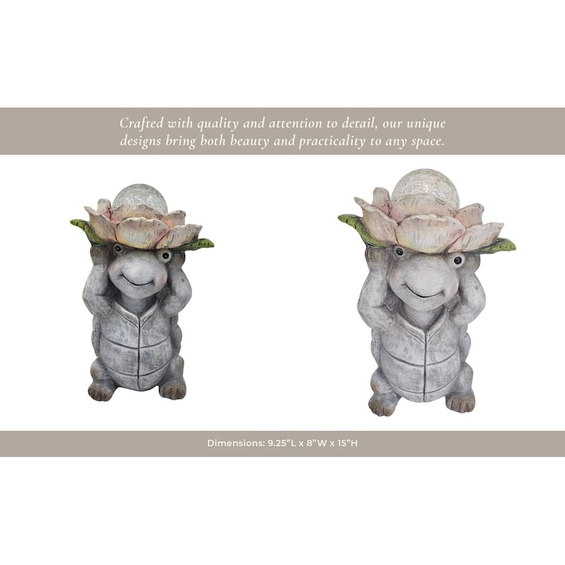 Magnesia Garden Statuary Turtle with Flower and Globe Light - 15" Gray