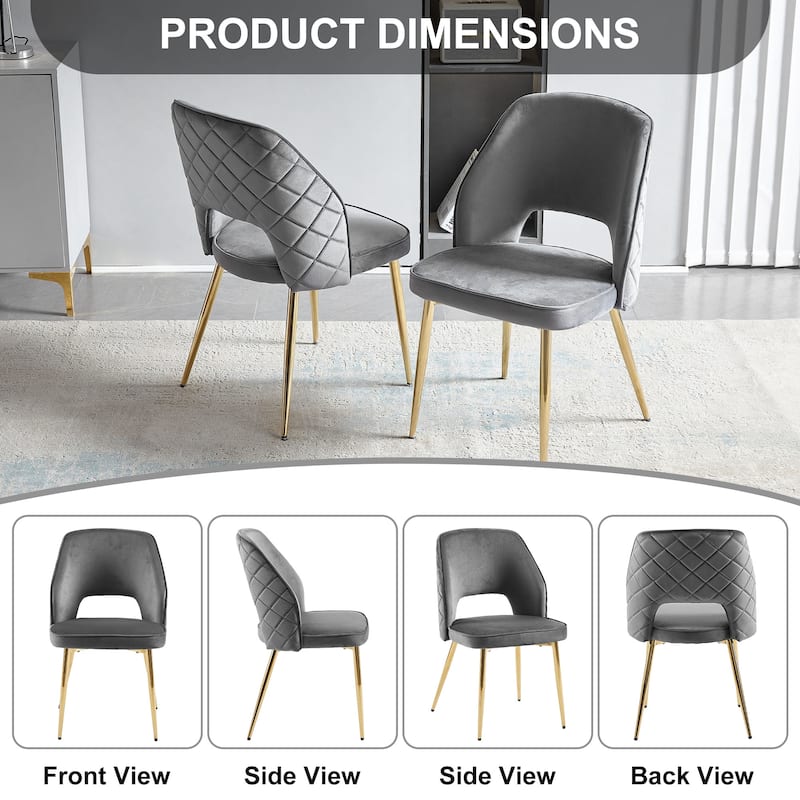 Grey Velvet Dining Chairs with Metal Legs and Hollow Back Upholstered Dining Chairs Set of 4