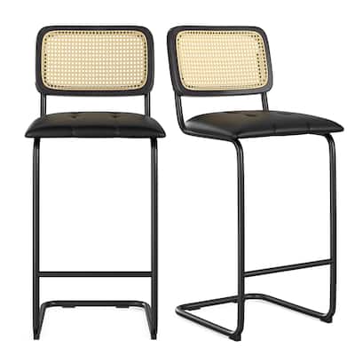 Counter Height Bar Stools Set Of 2, Upholstered Barstools With Rattan Back,30 Inch Stools Armless Bar Chairs